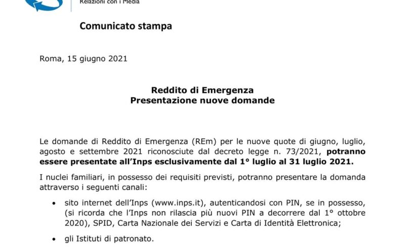 Reddito di Emergenza – Nuove domande in luglio