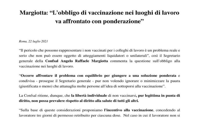 Obbligo vaccinale, la posizione della Confsal
