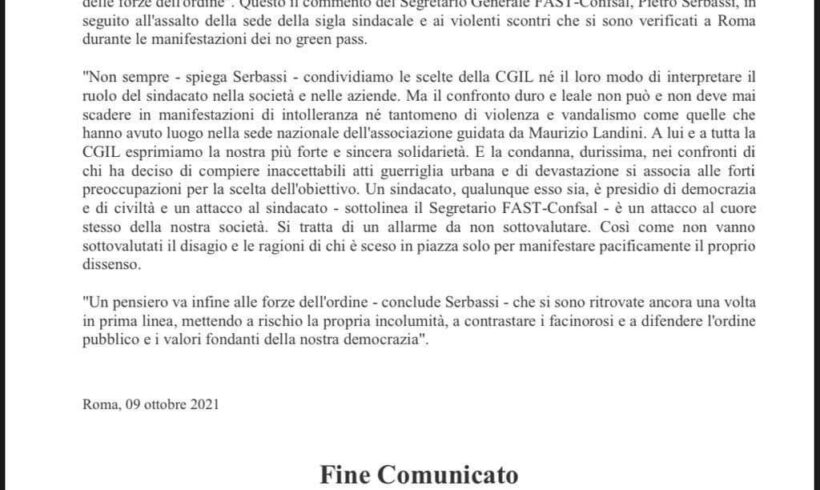 Green pass, Serbassi (Fast-Confsal): “L’attacco alla CGIL è un attacco a tutto il sindacato”