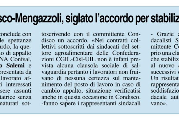 Condisco/Mengazzoli: siglato accordo per la stabilizzazione Condisco/Mengazzoli: siglato accordo per la stabilizzazione